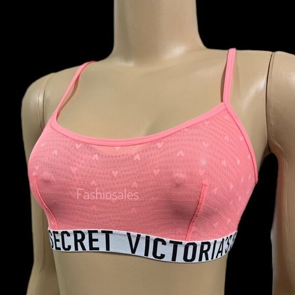 Victorias Secret Unlined Sexy Sheer Hearts Mesh bralette bra Coral Xs - Picture 2 of 4